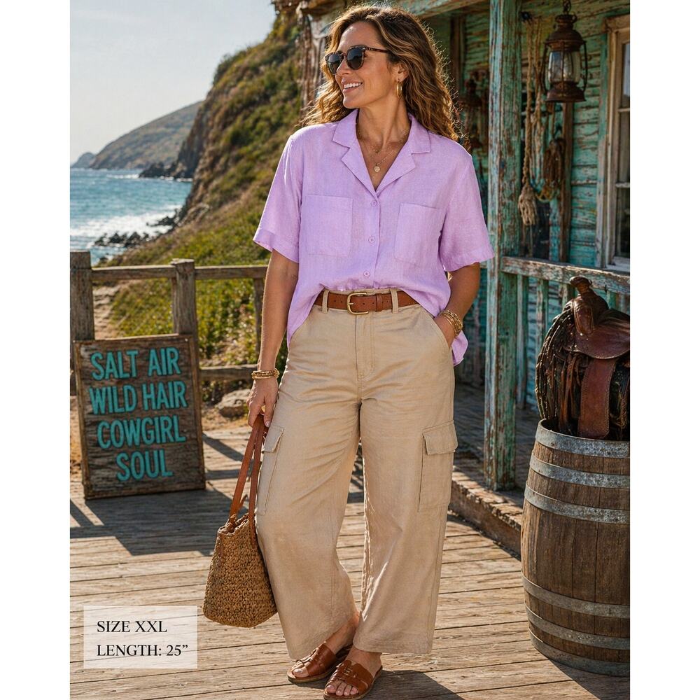 Buffalo David Bitton Womens XXL Pink Linen Blend Short Sleeve Button Front Shirt